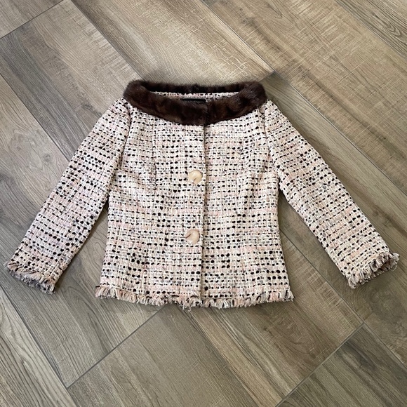 Dana Buchman Blazer Size 6 Pink & Cream Tweed Genuine Mink Fur Collar $995 NWT - Picture 1 of 17